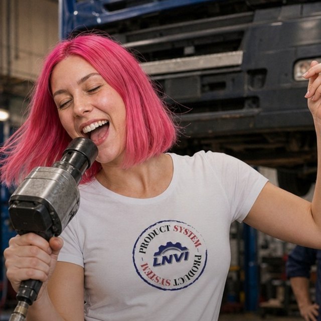 Livia — digital communication, singing into an impact wrench in front of a truck at the workshop