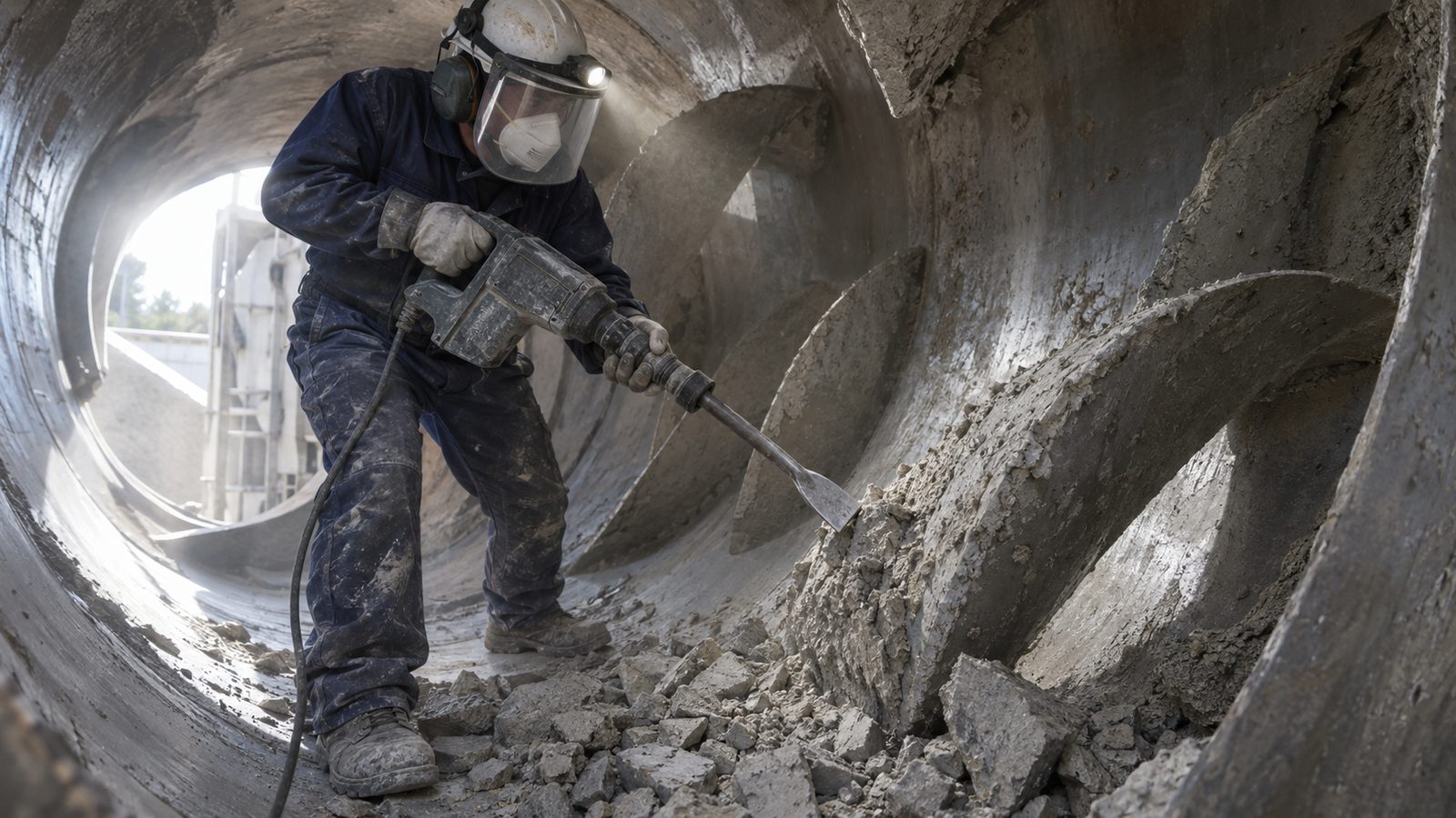 Intérieur d’une cuve de toupie béton : béton durci sur les spires du malaxeur, avant le déplombage et le nettoyage de la cuve