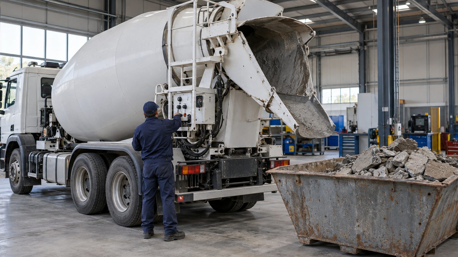 Camion toupie béton à l’atelier poids lourd LNVI du Blanc-Mesnil, avant le déplombage et le nettoyage de la cuve du malaxeur
