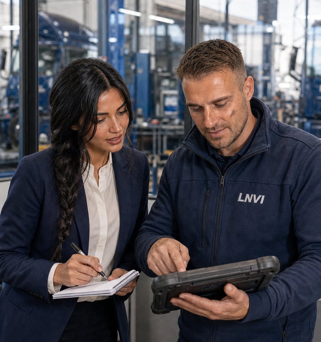 An LNVI technician in a navy jacket shows the diagnostic report on a workshop tablet to a colleague taking notes, in front of the truck workshop window