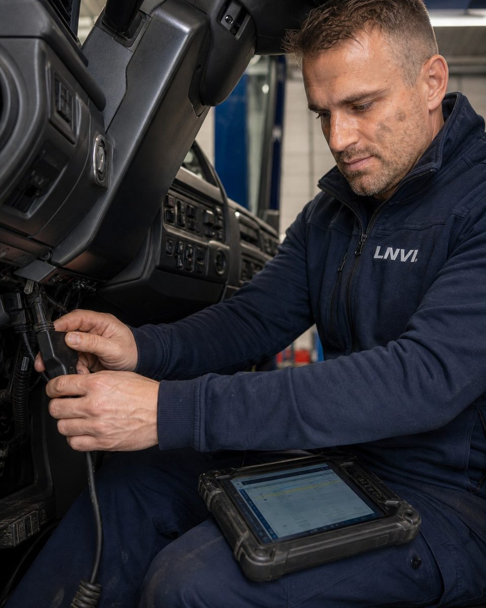 Kévin plugs the diagnostic tool into the cab of a truck, tablet on his knees