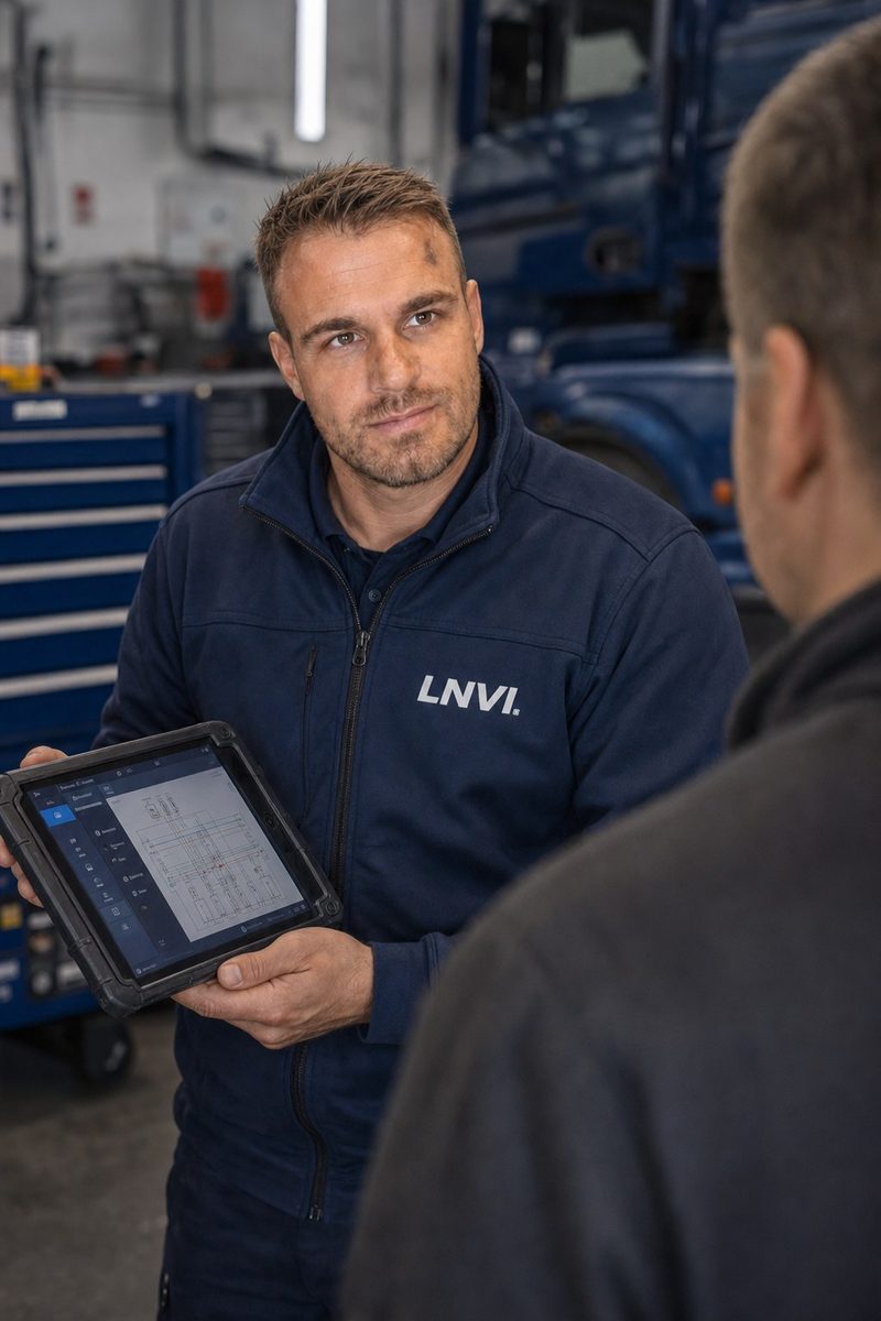 Kévin, LNVI workshop manager, presents the Bilan 360 results on his tablet to a fleet manager