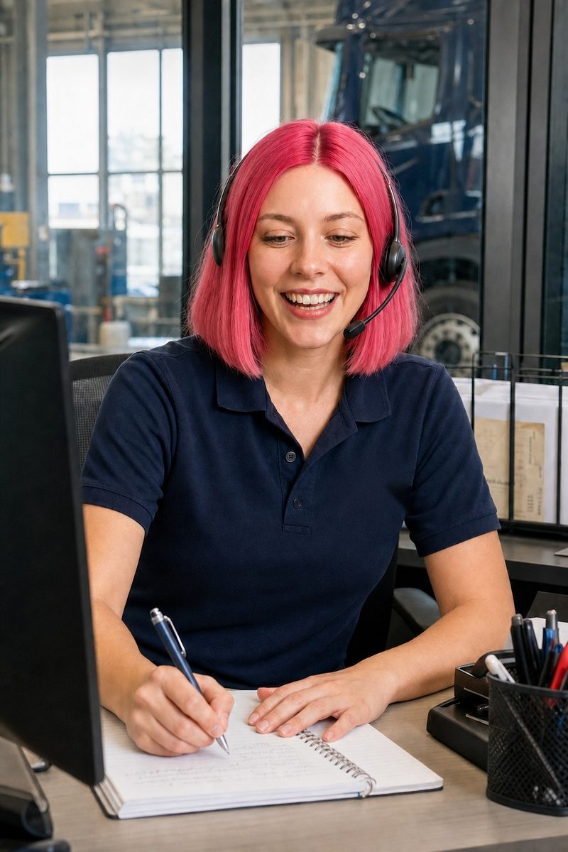 Livia, at the LNVI reception desk, answering the phone with her headset, workshop trucks in the background