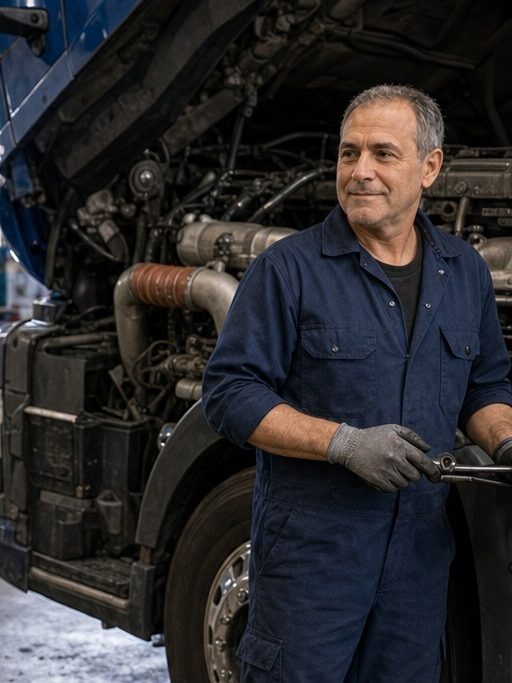 An LNVI workshop mechanic in front of a vehicle, cab tilted and engine accessible