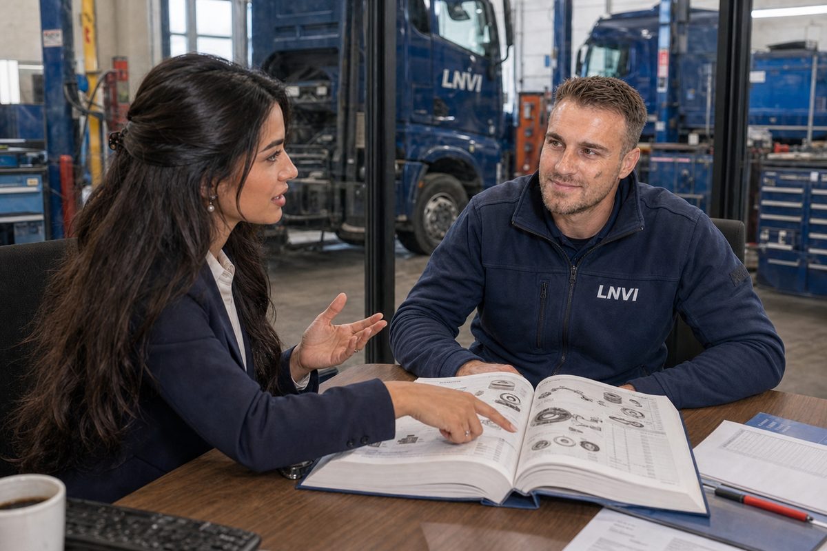 Sofia, at the LNVI parts store, checks a reference in the catalogue with a technician
