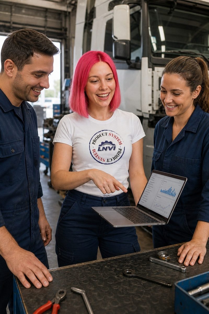 Livia and two LNVI workshop technicians review a fleet's tracking on a laptop