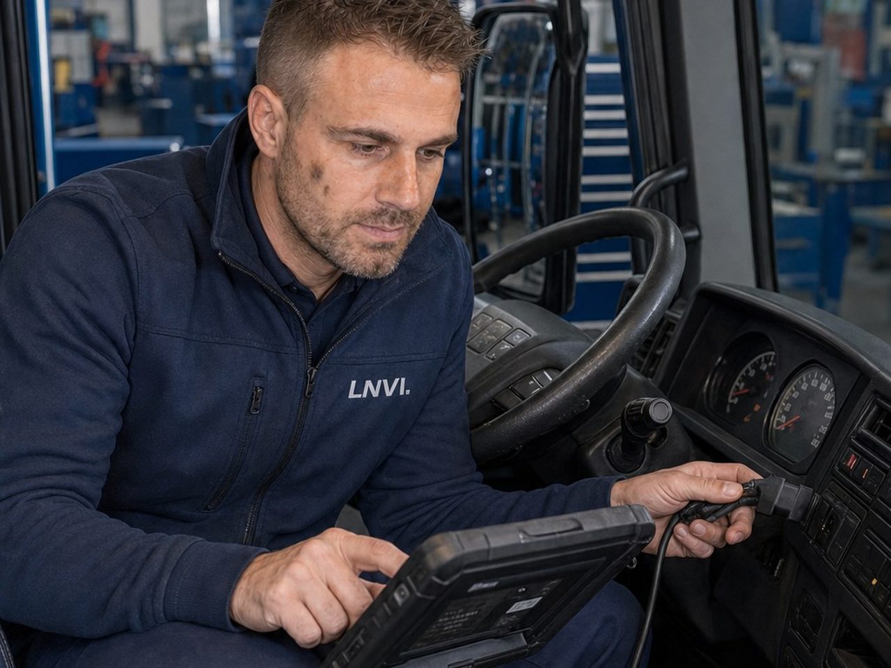 Kévin, LNVI workshop manager, plugs the diagnostic tool into the cab socket of an HGV and reads the fault codes on his tablet
