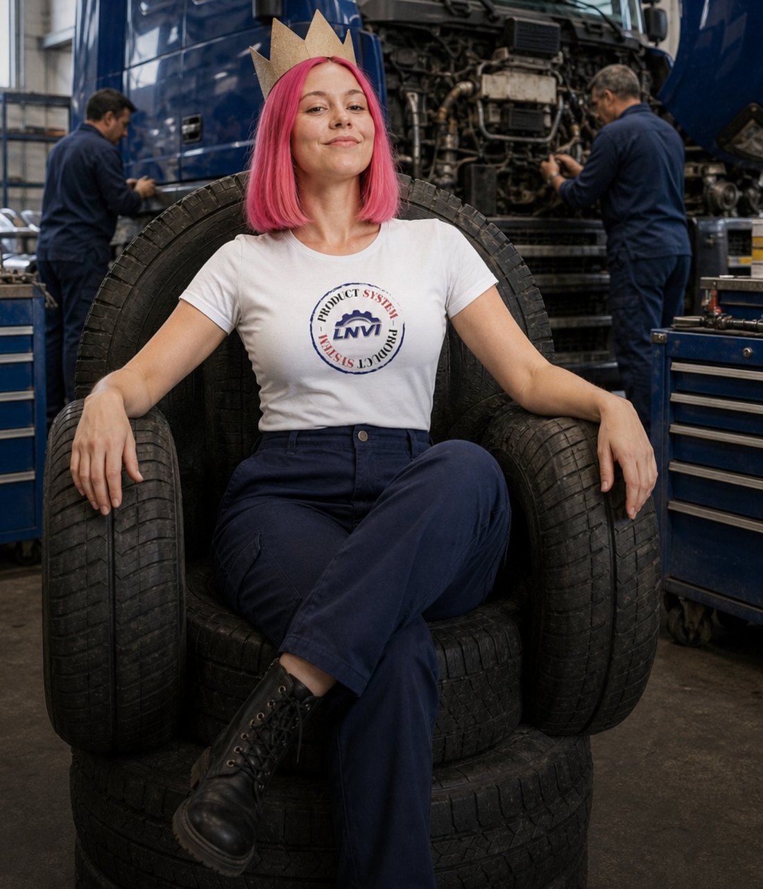 Livia, directrice de la communication digitale de LNVI, couronne sur ses cheveux roses, assise sur un trône de pneus devant un camion à l’atelier