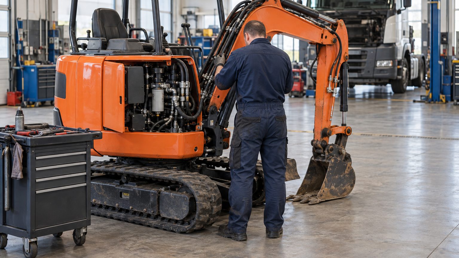 Hydraulic repair on a mini excavator at the LNVI workshop in Le Blanc-Mesnil, Île-de-France