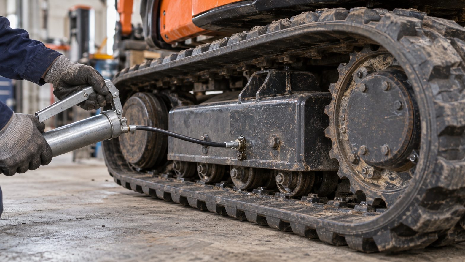 Mini excavator undercarriage being serviced: rubber track, rollers and sprocket checked in the workshop