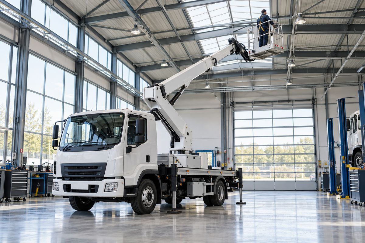 Camion porteur équipé d’une nacelle élévatrice dans un atelier poids lourds, panier levé, un mécanicien en tenue bleu marine dans le panier